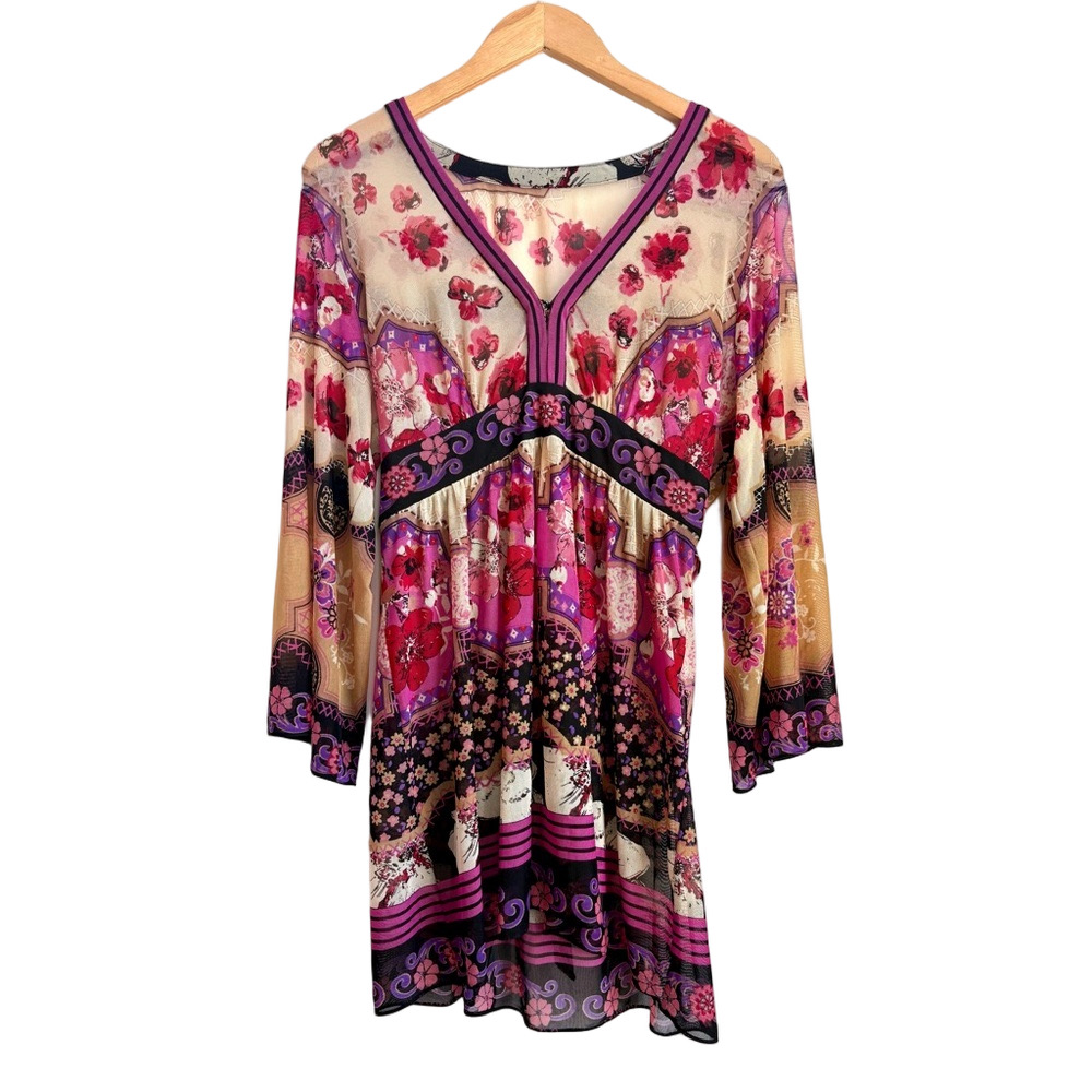Y2K 2000s Asian-inspired whimsigoth Mesh Floral Print Deep V Tunic Blouse m/l